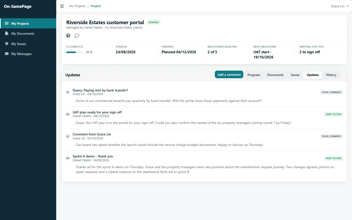 The customer's view of their project: progress, the next milestone, documents to sign off, and the updates exchanged with the team